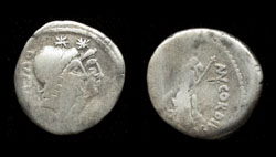 Mn. Cordius Rufus, Denarius, Jugate heads of Dioscuri obverse